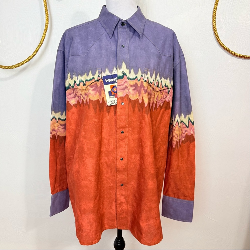 NWT Wrangler Checotah Border Sunset Orange Pearl snap button up shirt size XL